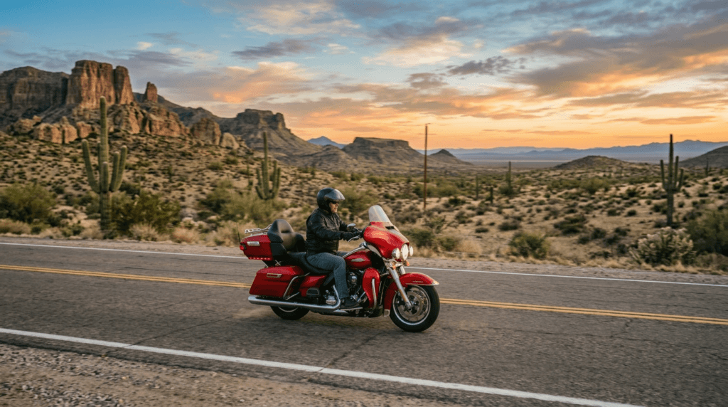 Motorcyclist riding a red touring motorcycle on a desert road at sunset